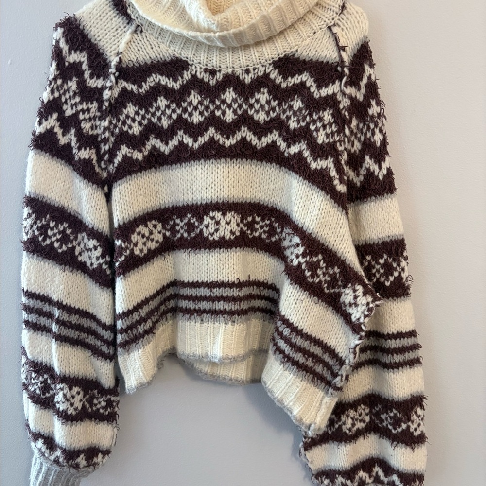 Free People Cream and Brown Turtleneck Sweater